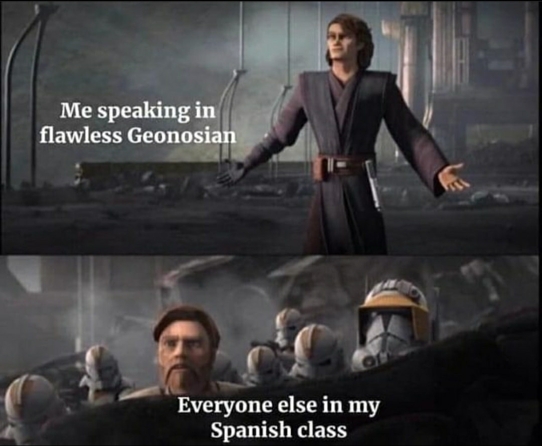 The meme is a play on the idea of someone being fluent in multiple languages, but with a humorous twist. The image shows a character from the Star Wars franchise, Anakin Skywalker (also known as Darth Vader), standing confidently with a caption "I speak fluent Spanish" above him. However, the next panel shows him surrounded by Stormtroopers, with a caption "But I'm the only one who speaks it" below, implying that the speaker is actually the only one in their class who is fluent in Spanish.